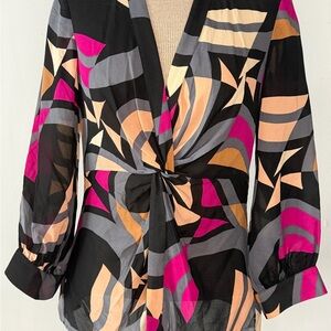 Diane Von Furstenberg Women's Silk Geo Multicolor Twist Front Top- Size 6